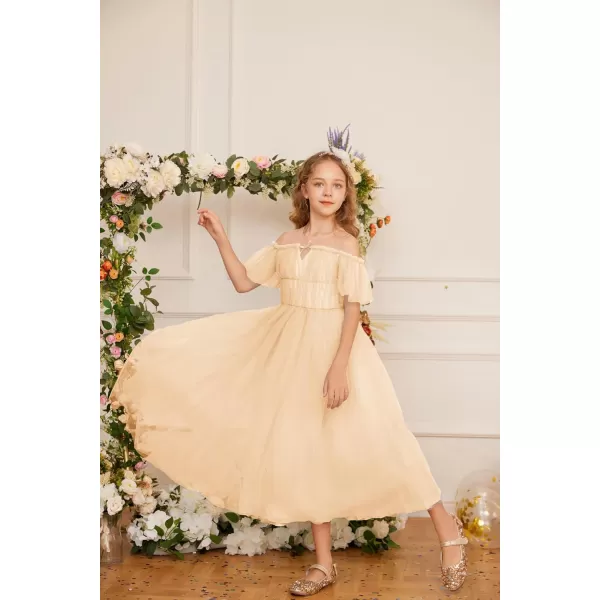 GRACE KARIN Girls Party Dress Off Shoulder Fancy Tulle Formal Long Sequin Dress for Girl 512Champagne