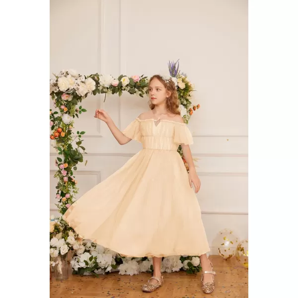 GRACE KARIN Girls Party Dress Off Shoulder Fancy Tulle Formal Long Sequin Dress for Girl 512Champagne