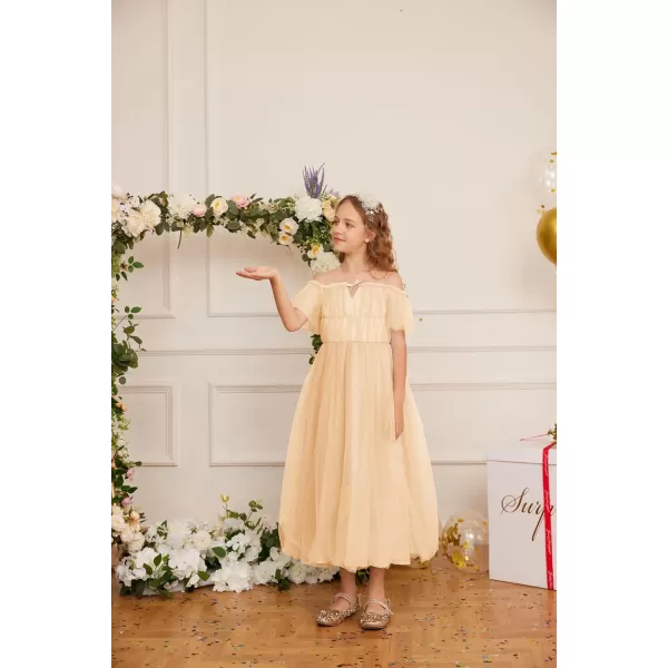 GRACE KARIN Girls Party Dress Off Shoulder Fancy Tulle Formal Long Sequin Dress for Girl 512Champagne