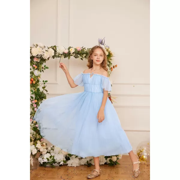 GRACE KARIN Girls Party Dress Off Shoulder Fancy Tulle Formal Long Sequin Dress for Girl 512Light Blue