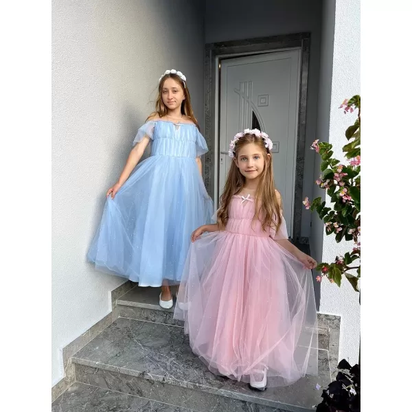 GRACE KARIN Girls Party Dress Off Shoulder Fancy Tulle Formal Long Sequin Dress for Girl 512Light Blue