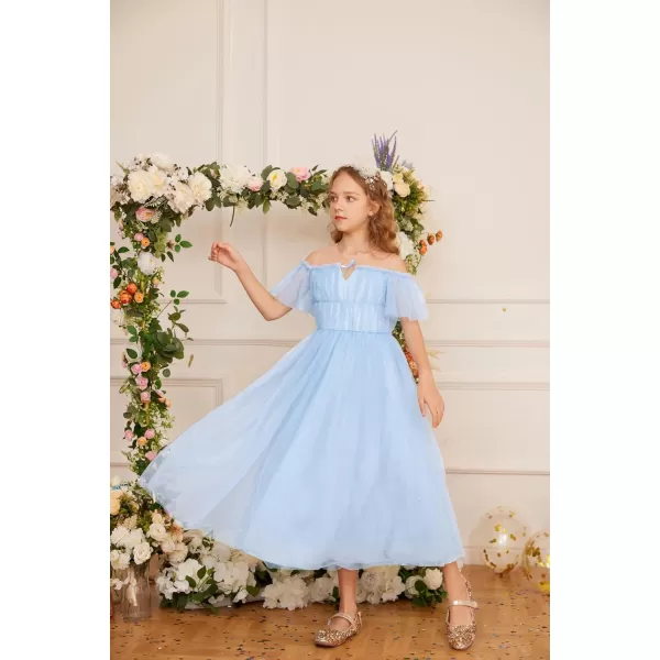 GRACE KARIN Girls Party Dress Off Shoulder Fancy Tulle Formal Long Sequin Dress for Girl 512Light Blue