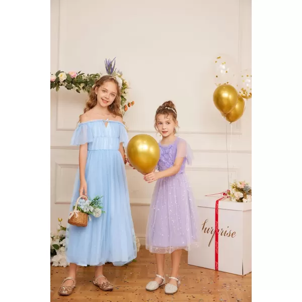 GRACE KARIN Girls Party Dress Off Shoulder Fancy Tulle Formal Long Sequin Dress for Girl 512Light Blue