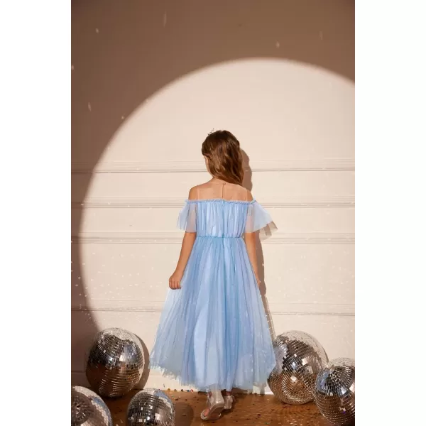 GRACE KARIN Girls Party Dress Off Shoulder Fancy Tulle Formal Long Sequin Dress for Girl 512Light Blue