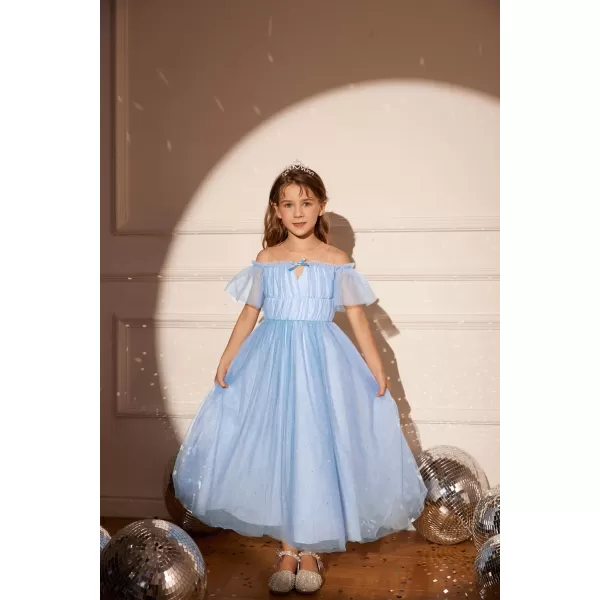 GRACE KARIN Girls Party Dress Off Shoulder Fancy Tulle Formal Long Sequin Dress for Girl 512Light Blue