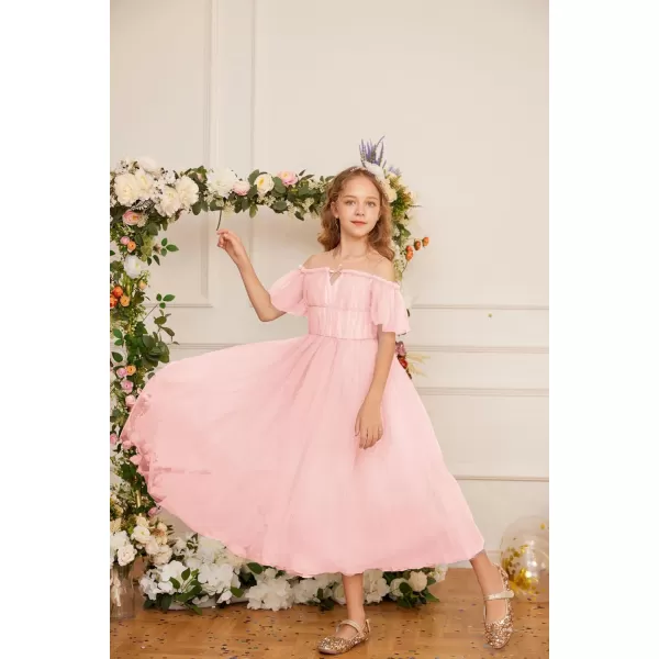 GRACE KARIN Girls Party Dress Off Shoulder Fancy Tulle Formal Long Sequin Dress for Girl 512Pink