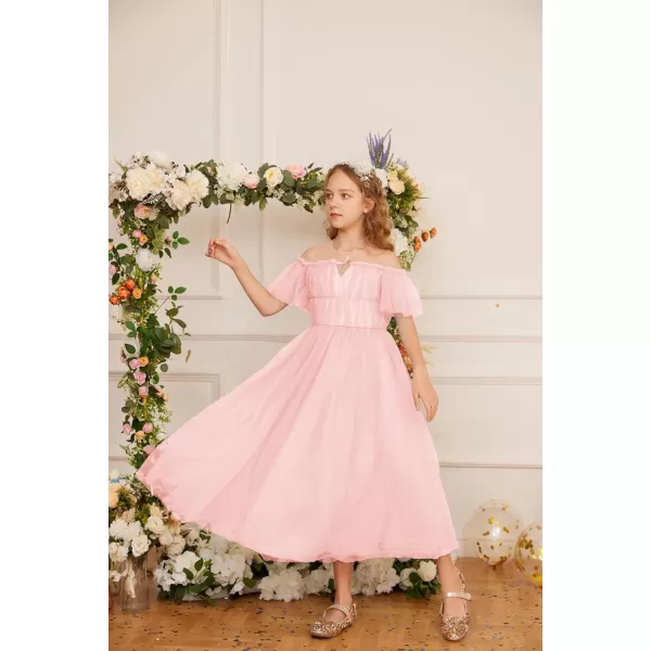 GRACE KARIN Girls Party Dress Off Shoulder Fancy Tulle Formal Long Sequin Dress for Girl 512Pink