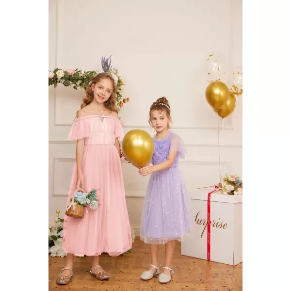 GRACE KARIN Girls Party Dress Off Shoulder Fancy Tulle Formal Long Sequin Dress for Girl 512Pink