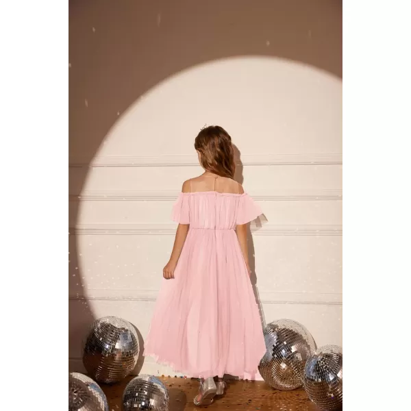 GRACE KARIN Girls Party Dress Off Shoulder Fancy Tulle Formal Long Sequin Dress for Girl 512Pink