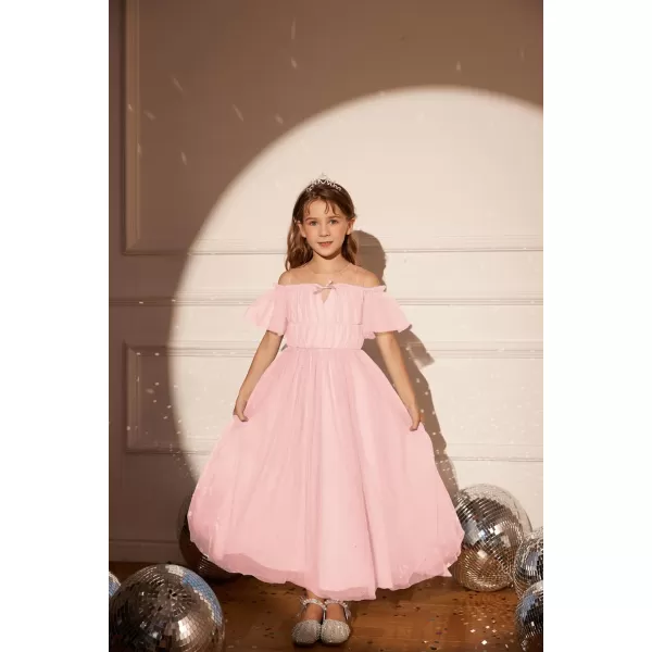 GRACE KARIN Girls Party Dress Off Shoulder Fancy Tulle Formal Long Sequin Dress for Girl 512Pink