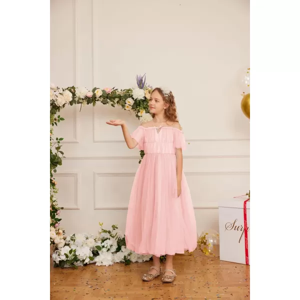 GRACE KARIN Girls Party Dress Off Shoulder Fancy Tulle Formal Long Sequin Dress for Girl 512Pink