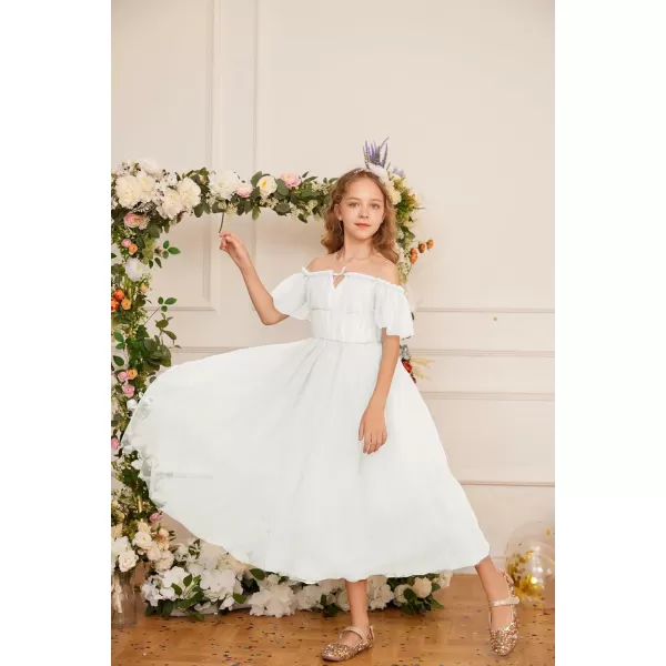 GRACE KARIN Girls Party Dress Off Shoulder Fancy Tulle Formal Long Sequin Dress for Girl 512White