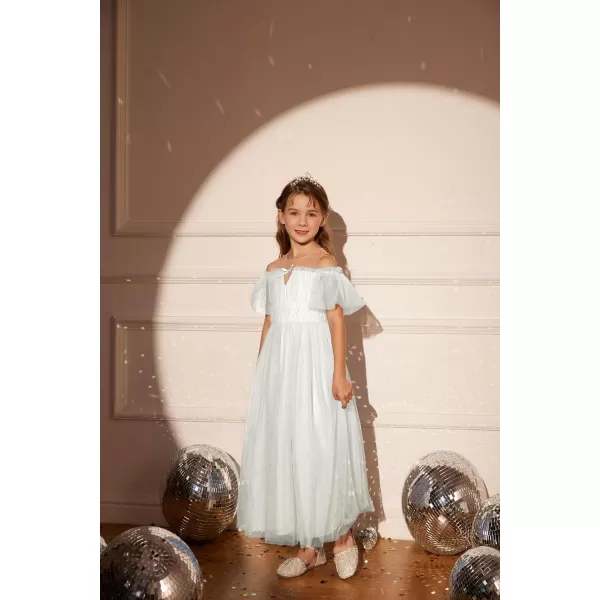 GRACE KARIN Girls Party Dress Off Shoulder Fancy Tulle Formal Long Sequin Dress for Girl 512White