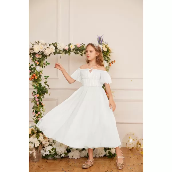 GRACE KARIN Girls Party Dress Off Shoulder Fancy Tulle Formal Long Sequin Dress for Girl 512White