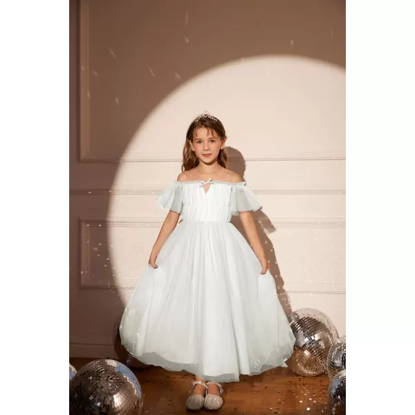 GRACE KARIN Girls Party Dress Off Shoulder Fancy Tulle Formal Long Sequin Dress for Girl 512White