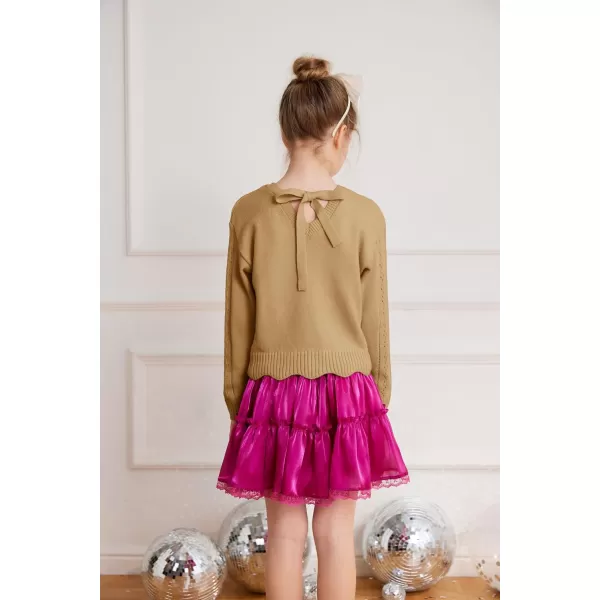 GRACE KARIN Girls Pullover Sweater Knit Long Sleeve Cute Back Bow Tie Sweater for Girl 512YCamel