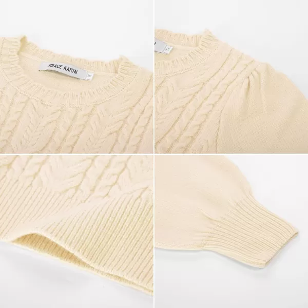 GRACE KARIN Girls Pullover Sweater Long Lantern Sleeve Cable Knit Sweaters 614YApricot