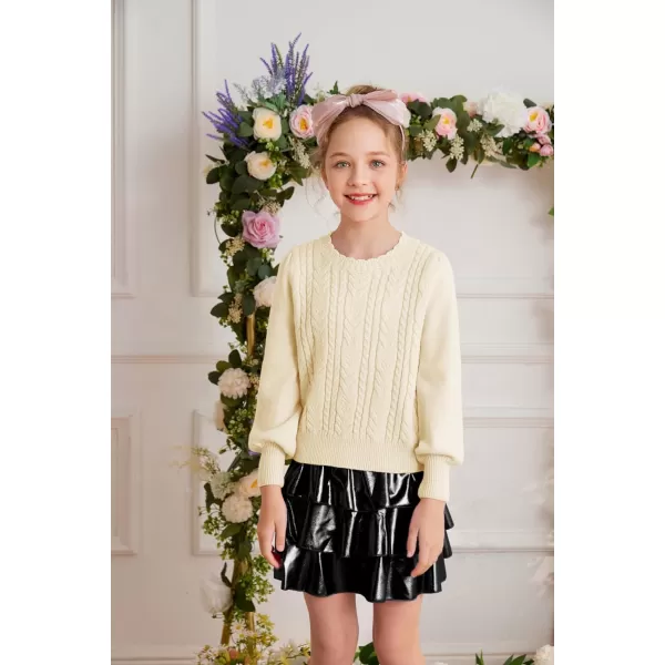 GRACE KARIN Girls Pullover Sweater Long Lantern Sleeve Cable Knit Sweaters 614YApricot