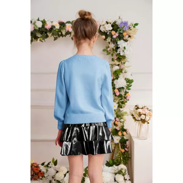 GRACE KARIN Girls Pullover Sweater Long Lantern Sleeve Cable Knit Sweaters 614YLight Blue