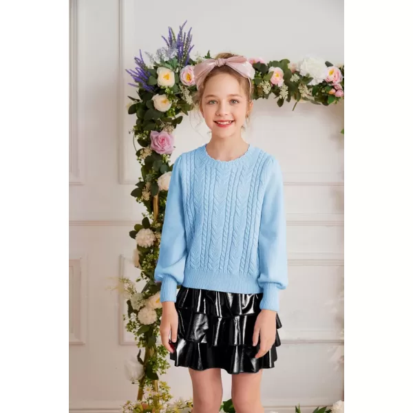 GRACE KARIN Girls Pullover Sweater Long Lantern Sleeve Cable Knit Sweaters 614YLight Blue