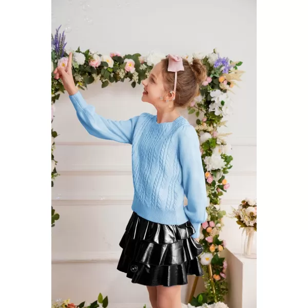 GRACE KARIN Girls Pullover Sweater Long Lantern Sleeve Cable Knit Sweaters 614YLight Blue