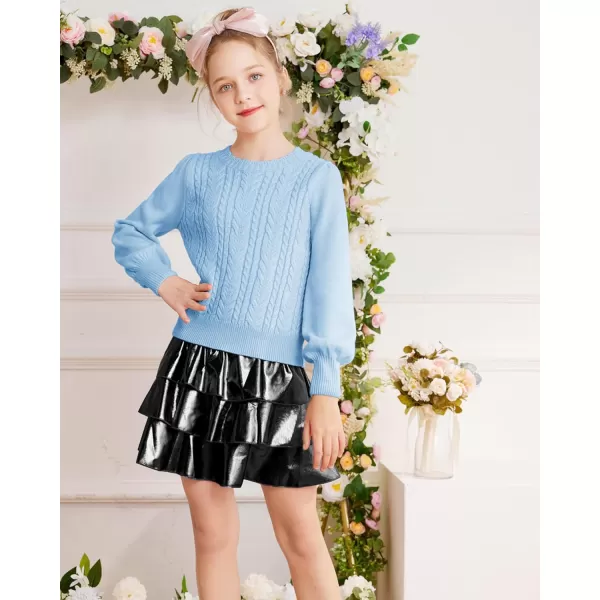 GRACE KARIN Girls Pullover Sweater Long Lantern Sleeve Cable Knit Sweaters 614YLight Blue