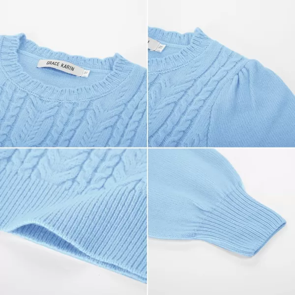 GRACE KARIN Girls Pullover Sweater Long Lantern Sleeve Cable Knit Sweaters 614YLight Blue