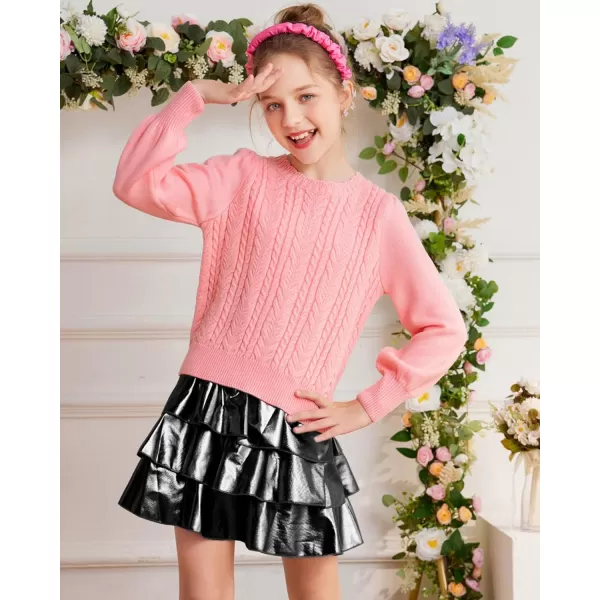 GRACE KARIN Girls Pullover Sweater Long Lantern Sleeve Cable Knit Sweaters 614YPink