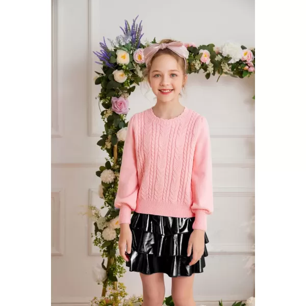 GRACE KARIN Girls Pullover Sweater Long Lantern Sleeve Cable Knit Sweaters 614YPink