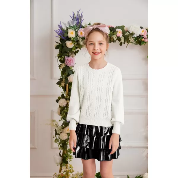 GRACE KARIN Girls Pullover Sweater Long Lantern Sleeve Cable Knit Sweaters 614YWhite