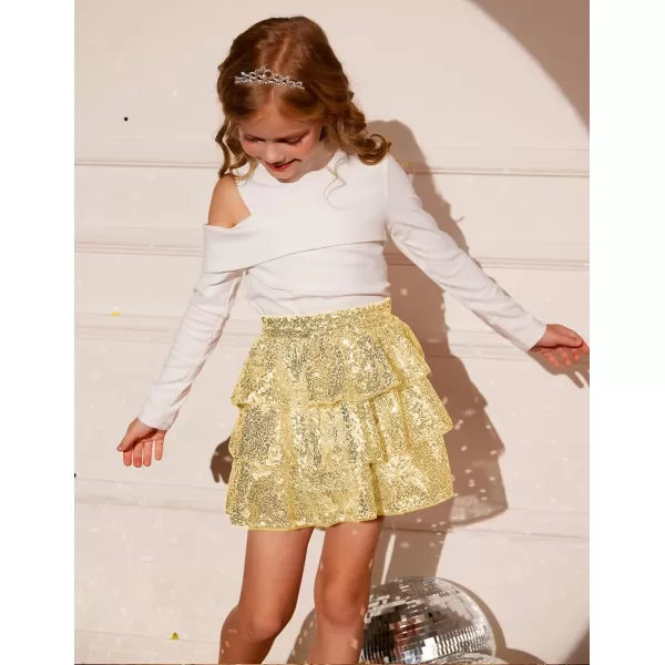 GRACE KARIN Girls Ruffle Skirt Elastic Waist Sequin Skirt for PartyLight Gold