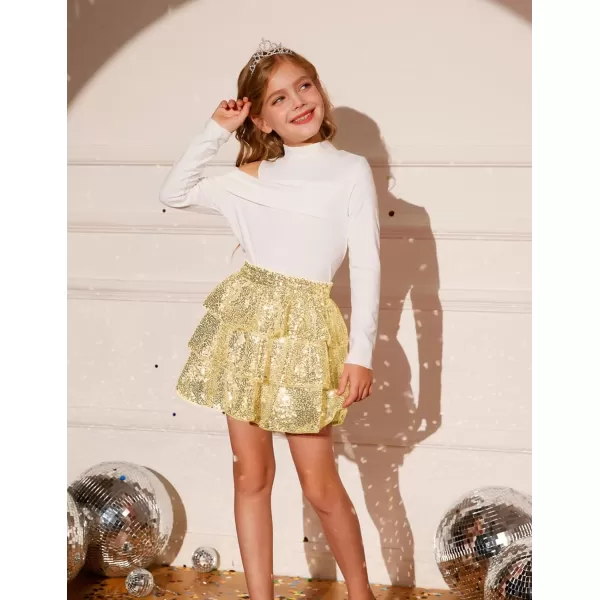 GRACE KARIN Girls Ruffle Skirt Elastic Waist Sequin Skirt for PartyLight Gold