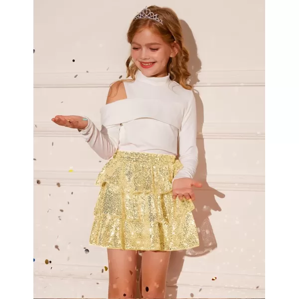 GRACE KARIN Girls Ruffle Skirt Elastic Waist Sequin Skirt for PartyLight Gold