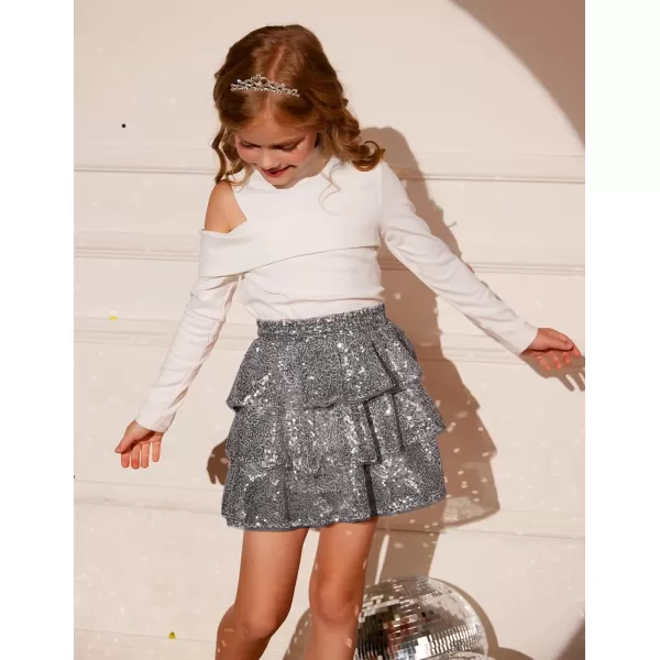 GRACE KARIN Girls Ruffle Skirt Elastic Waist Sequin Skirt for PartySilver Gray