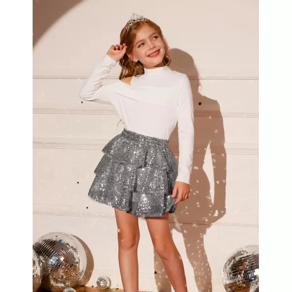 GRACE KARIN Girls Ruffle Skirt Elastic Waist Sequin Skirt for PartySilver Gray