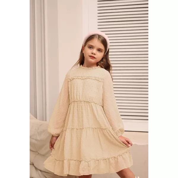 GRACE KARIN Girls Ruffle Tiered Dress Long Sleeve Swiss Dot Flowy ALine Dress 612YApricot