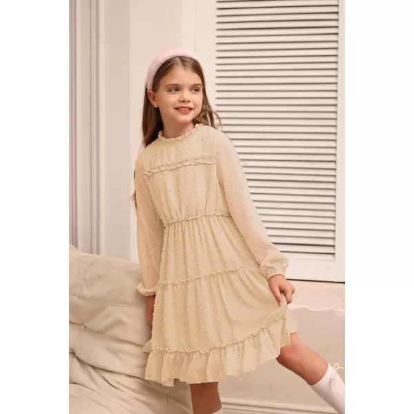 GRACE KARIN Girls Ruffle Tiered Dress Long Sleeve Swiss Dot Flowy ALine Dress 612YApricot