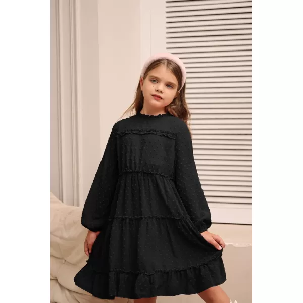 GRACE KARIN Girls Ruffle Tiered Dress Long Sleeve Swiss Dot Flowy ALine Dress 612YBlack