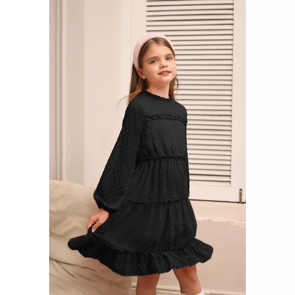 GRACE KARIN Girls Ruffle Tiered Dress Long Sleeve Swiss Dot Flowy ALine Dress 612YBlack