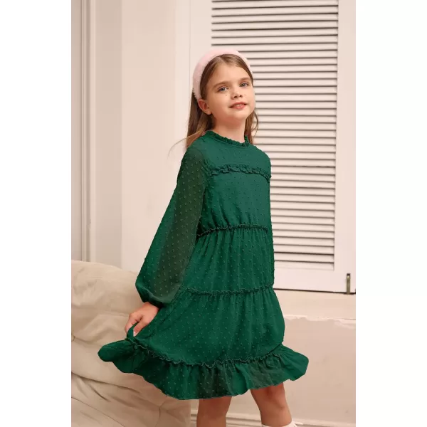 GRACE KARIN Girls Ruffle Tiered Dress Long Sleeve Swiss Dot Flowy ALine Dress 612YDark Green