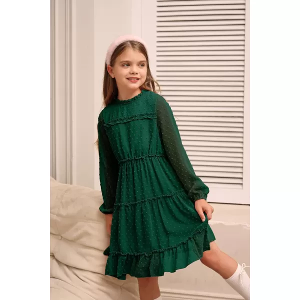 GRACE KARIN Girls Ruffle Tiered Dress Long Sleeve Swiss Dot Flowy ALine Dress 612YDark Green