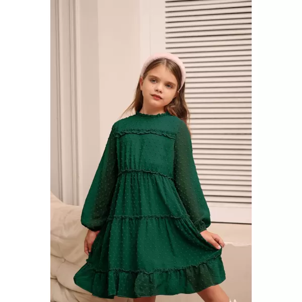 GRACE KARIN Girls Ruffle Tiered Dress Long Sleeve Swiss Dot Flowy ALine Dress 612YDark Green