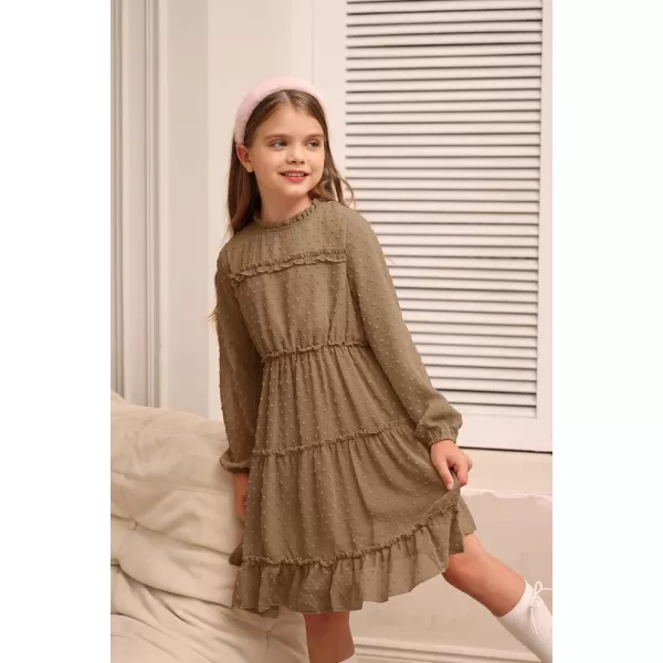 GRACE KARIN Girls Ruffle Tiered Dress Long Sleeve Swiss Dot Flowy ALine Dress 612YKhaki