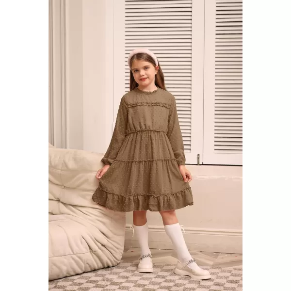 GRACE KARIN Girls Ruffle Tiered Dress Long Sleeve Swiss Dot Flowy ALine Dress 612YKhaki