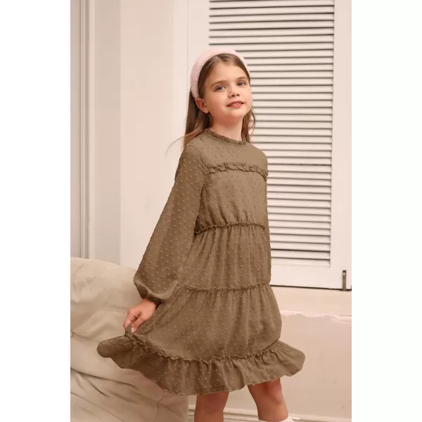 GRACE KARIN Girls Ruffle Tiered Dress Long Sleeve Swiss Dot Flowy ALine Dress 612YKhaki