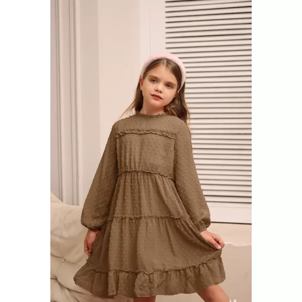 GRACE KARIN Girls Ruffle Tiered Dress Long Sleeve Swiss Dot Flowy ALine Dress 612YKhaki