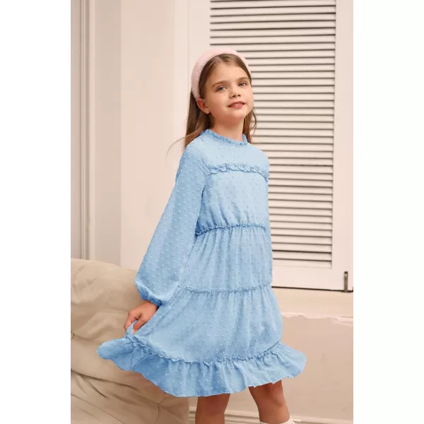 GRACE KARIN Girls Ruffle Tiered Dress Long Sleeve Swiss Dot Flowy ALine Dress 612YLight Blue