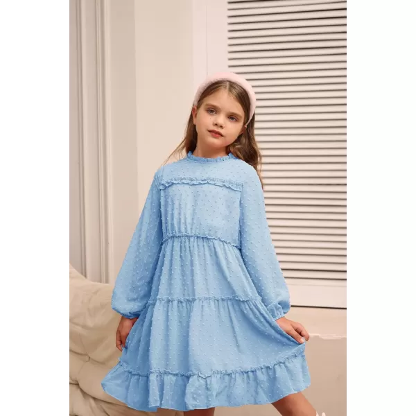 GRACE KARIN Girls Ruffle Tiered Dress Long Sleeve Swiss Dot Flowy ALine Dress 612YLight Blue