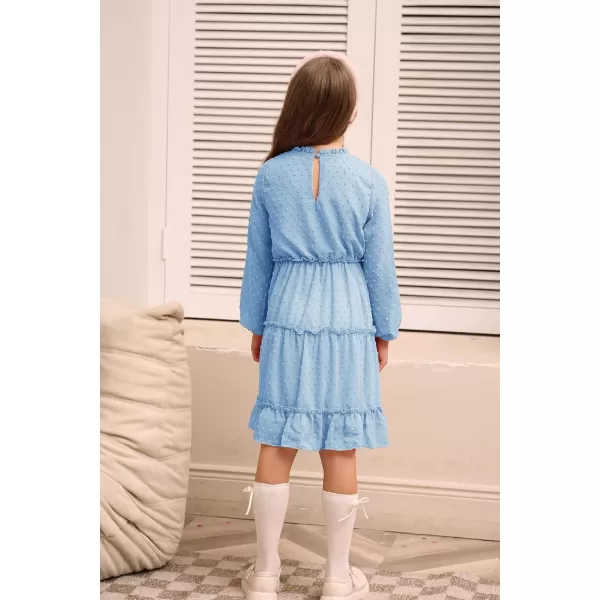 GRACE KARIN Girls Ruffle Tiered Dress Long Sleeve Swiss Dot Flowy ALine Dress 612YLight Blue