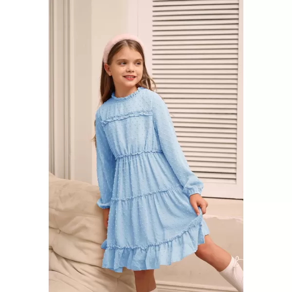 GRACE KARIN Girls Ruffle Tiered Dress Long Sleeve Swiss Dot Flowy ALine Dress 612YLight Blue